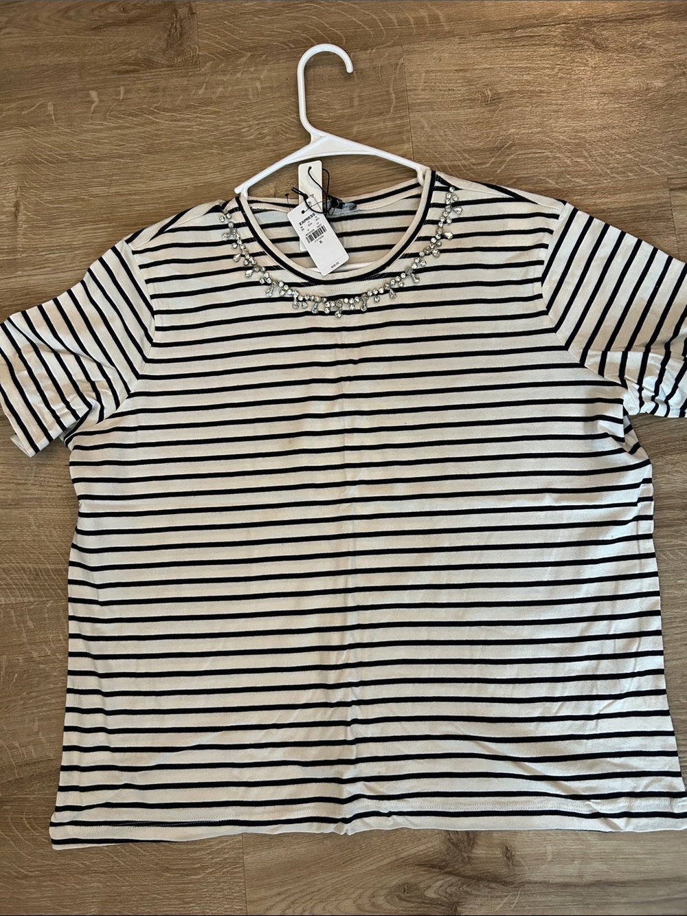 Express Black and White Striped Short Sleeve Tee with Rhinestone Trim Neckline
